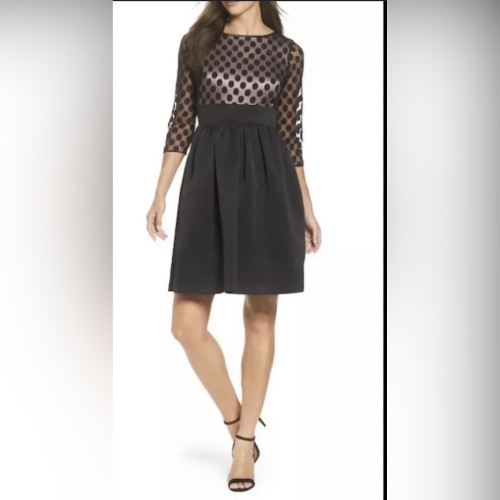 ELIZA J POLKA DOT MESH BODICE FIT & FLARE BLACK DRESS